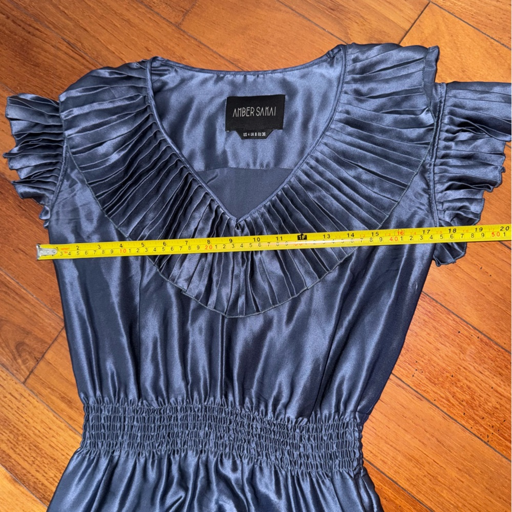 Amber Sakai Blue Satin Dress size 4 U.S. pleated - Picture 6 of 13